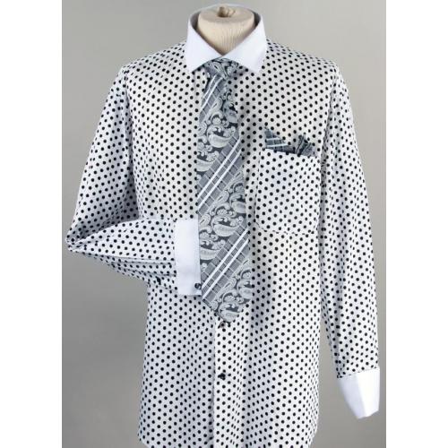 Avanti Uomo White / Black Polka Dot Design 100% Cotton Shirt / Tie / Hanky Set With Free Cufflinks DN47M